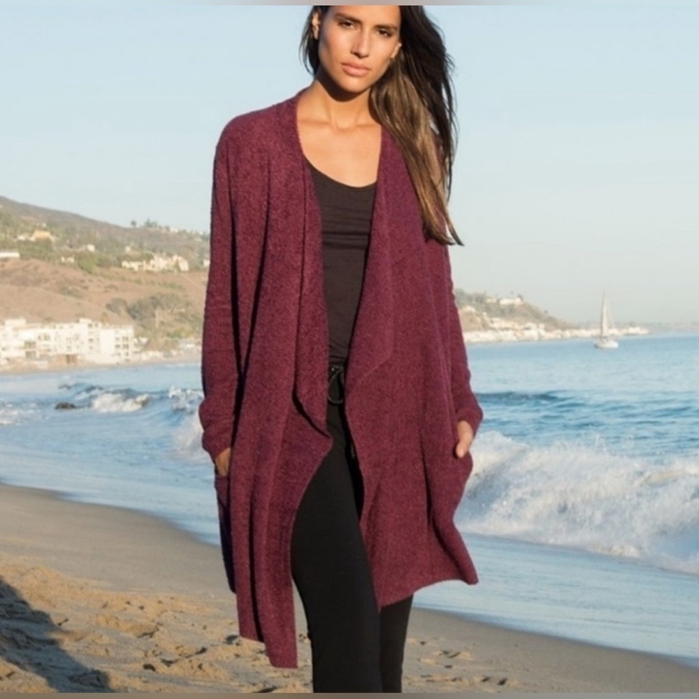 Barefoot Dreams CozyChic Lite Drape Front Cardigan Burgundy Soft Warm Size S / M - Picture 3 of 12
